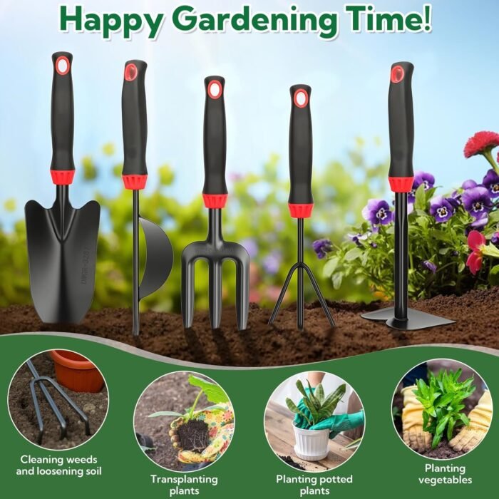 Gardening tool set stored neatly in a spacious carry bag for easy organization.