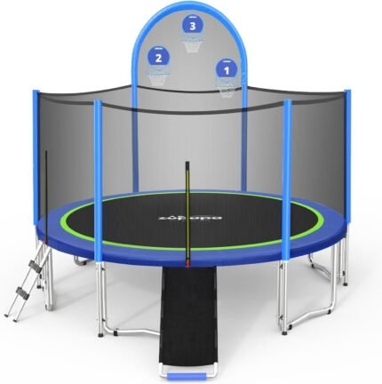 The outdoor trampoline with 1500LBS weight capacity and safety net, perfect for family fun and safe jumping.