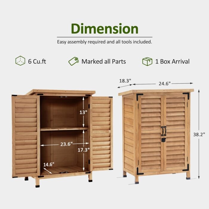 Small tool shed displaying the compact dimensions (24.6" x 18.3" x 38.2") perfect for a porch, patio, or small yard.