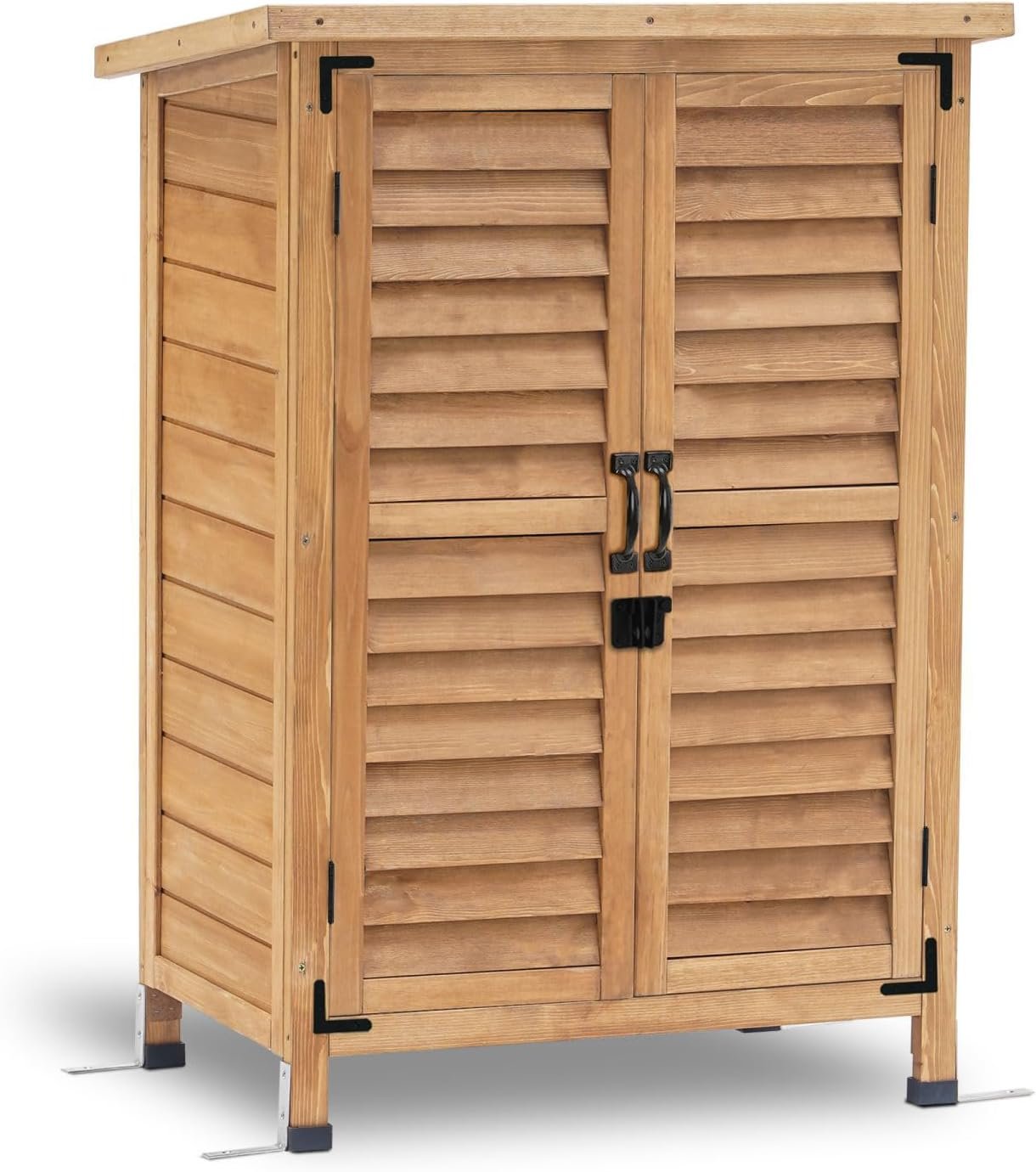 Compact Dimensions for Porch or Yard Wood Shed full view showing the compact size and double door design in a yellow finish suitable for the garden.