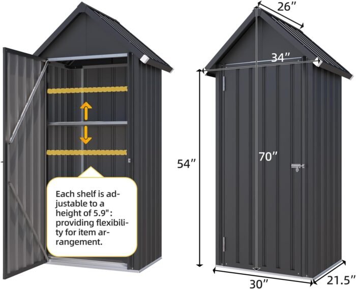 storage shed focusing on the lockable door mechanism, metal frame, and stainless steel hinges for security against porch pirates.